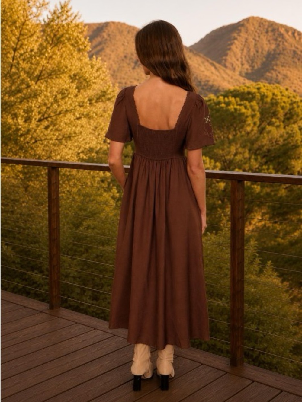 New Brown Embroidered Square-Neck Midi Dress - Picture 4 of 12